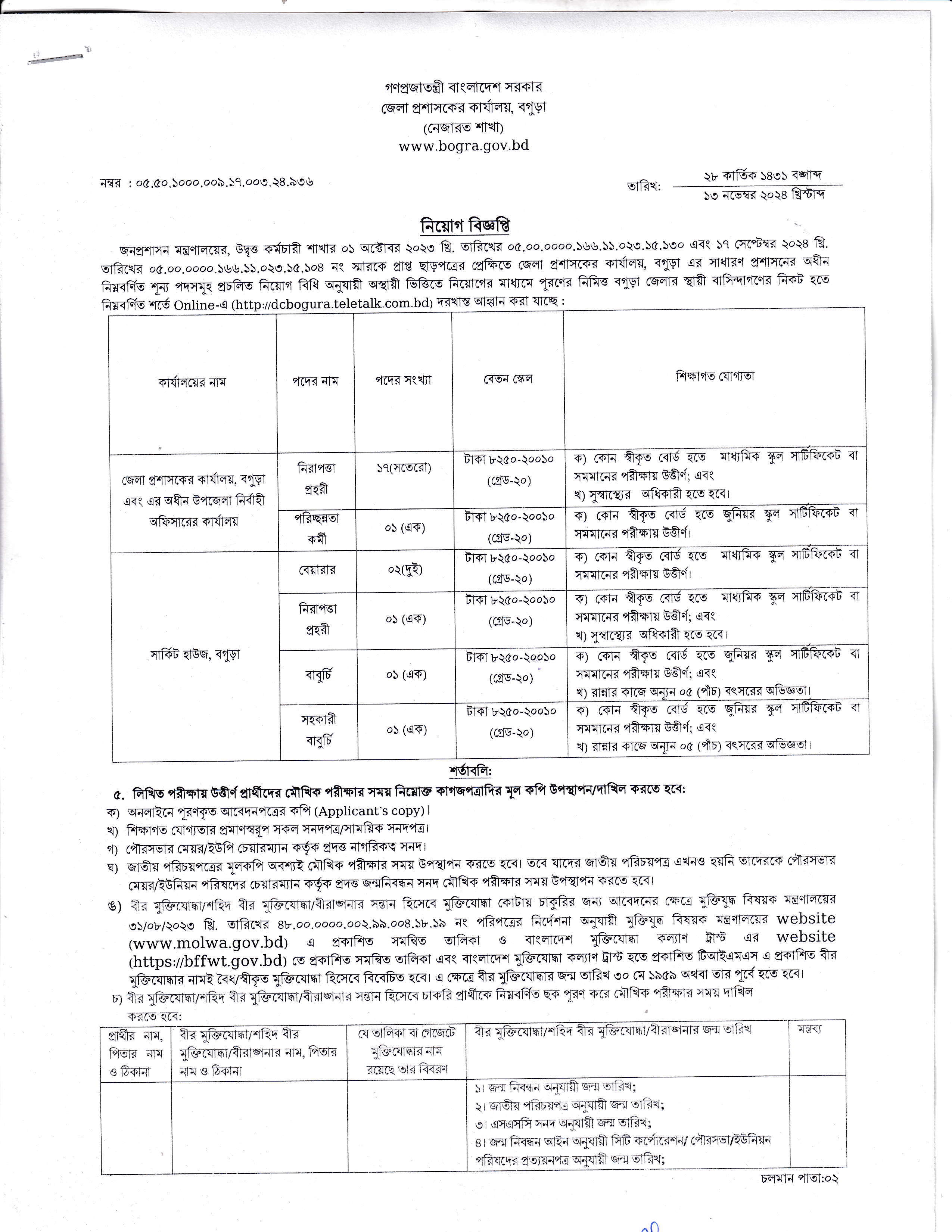 DC Office Bogura Job Circular 2024